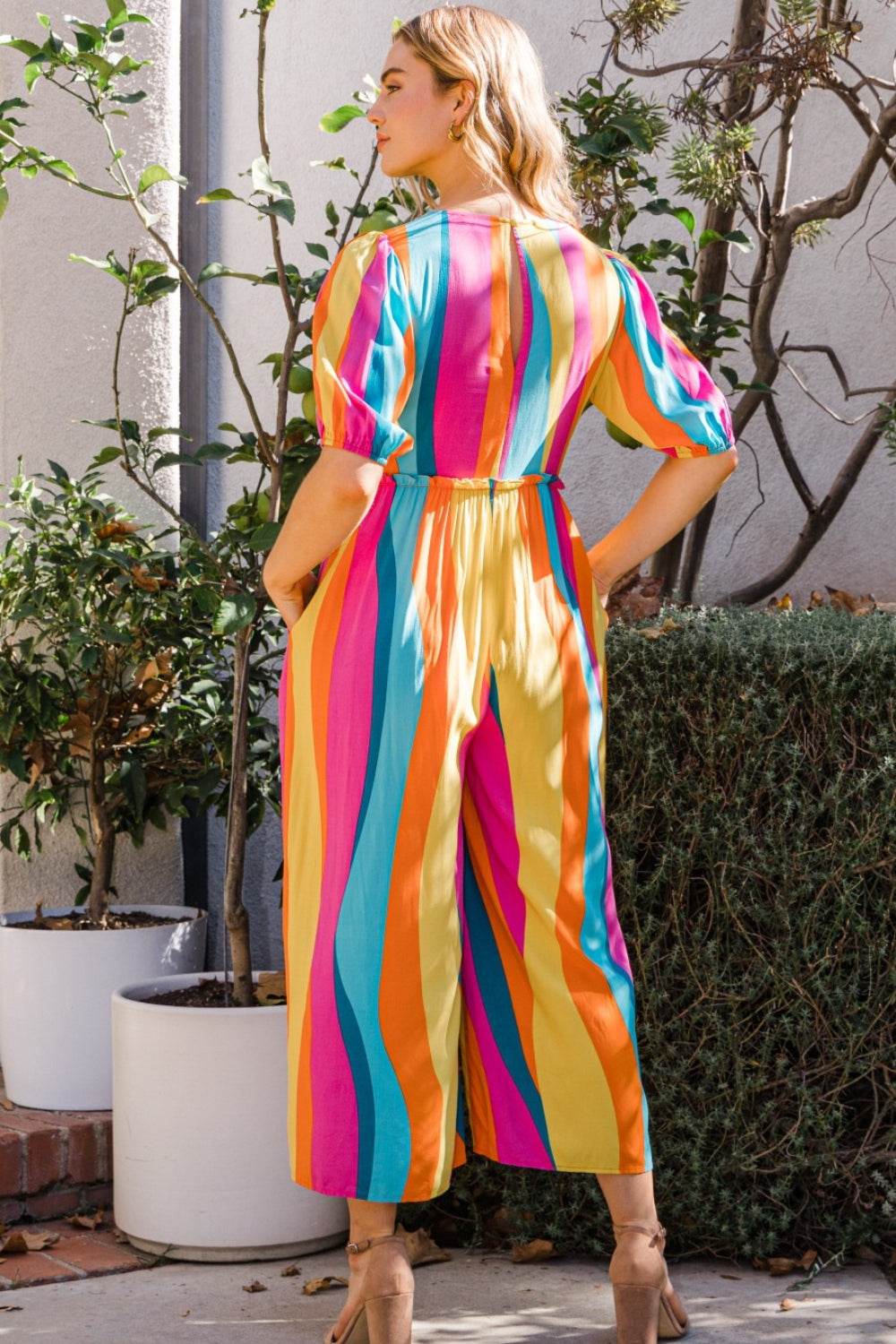 ODDI Full Size Striped Puff Sleeve Wide Leg Jumpsuit - Delanoir
