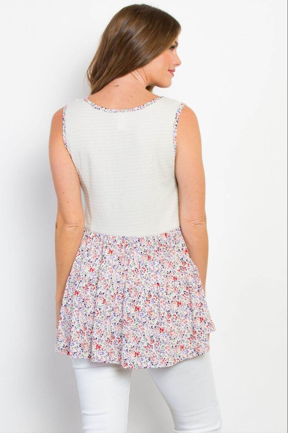 Be Stage Full Size Smocked Printed Peplum Sleeveless Top - Delanoir
