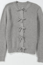 Bow Round Neck Long Sleeve Cardigan - Delanoir