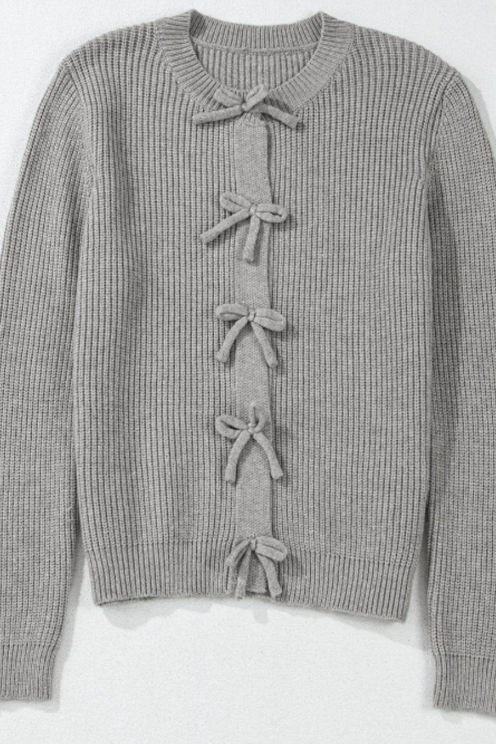 Bow Round Neck Long Sleeve Cardigan - Delanoir