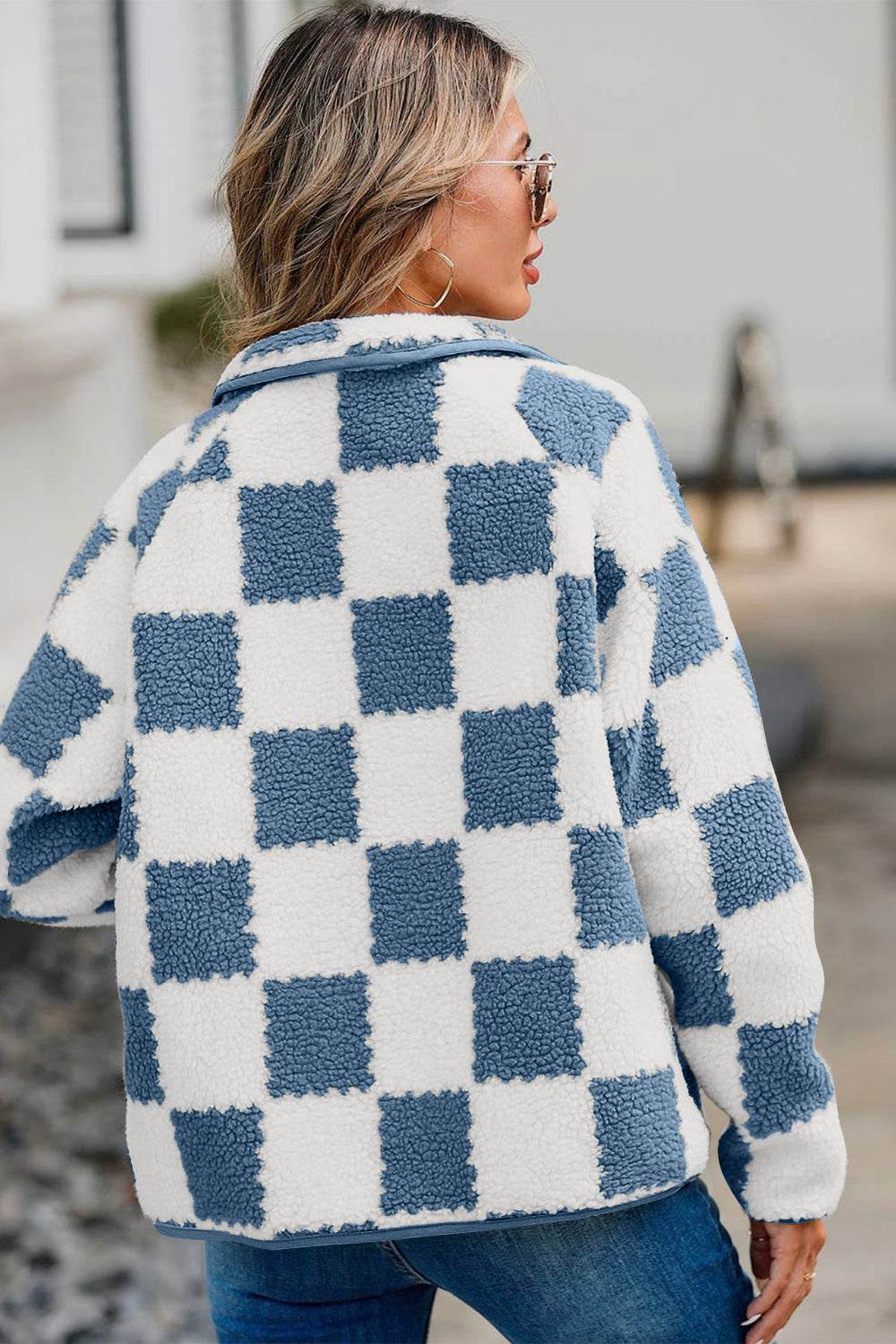 Checkered Snap Down Long Sleeve Teddy Jacket - Delanoir