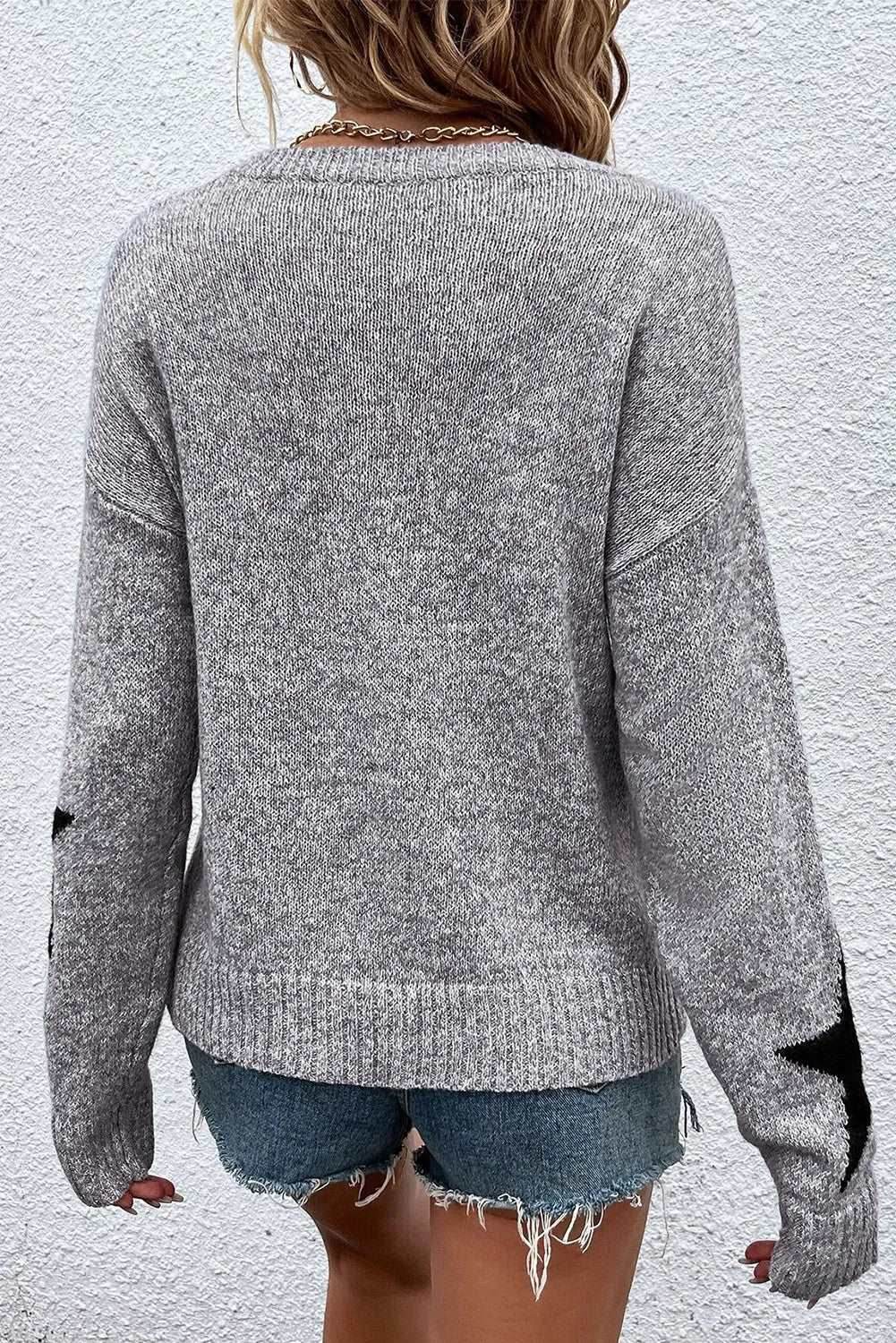 Star Round Neck Dropped Shoulder Sweater - Delanoir