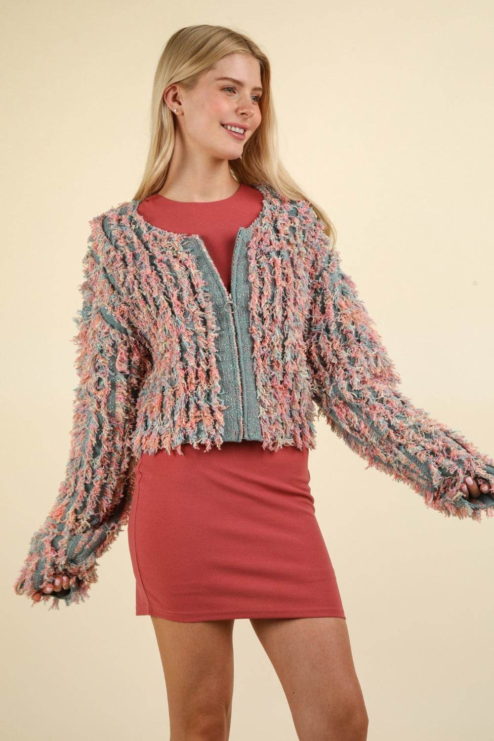 VERY J Shaggy Yarn Knit Zip Up Jacket - Delanoir
