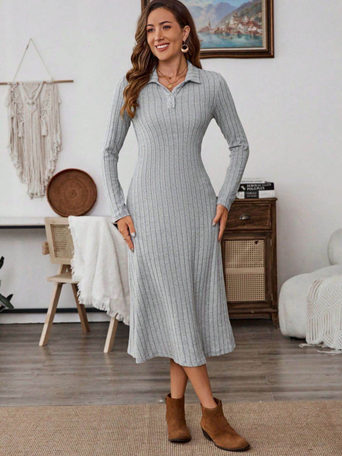 Collared Neck Long Sleeve Midi Dress - Delanoir
