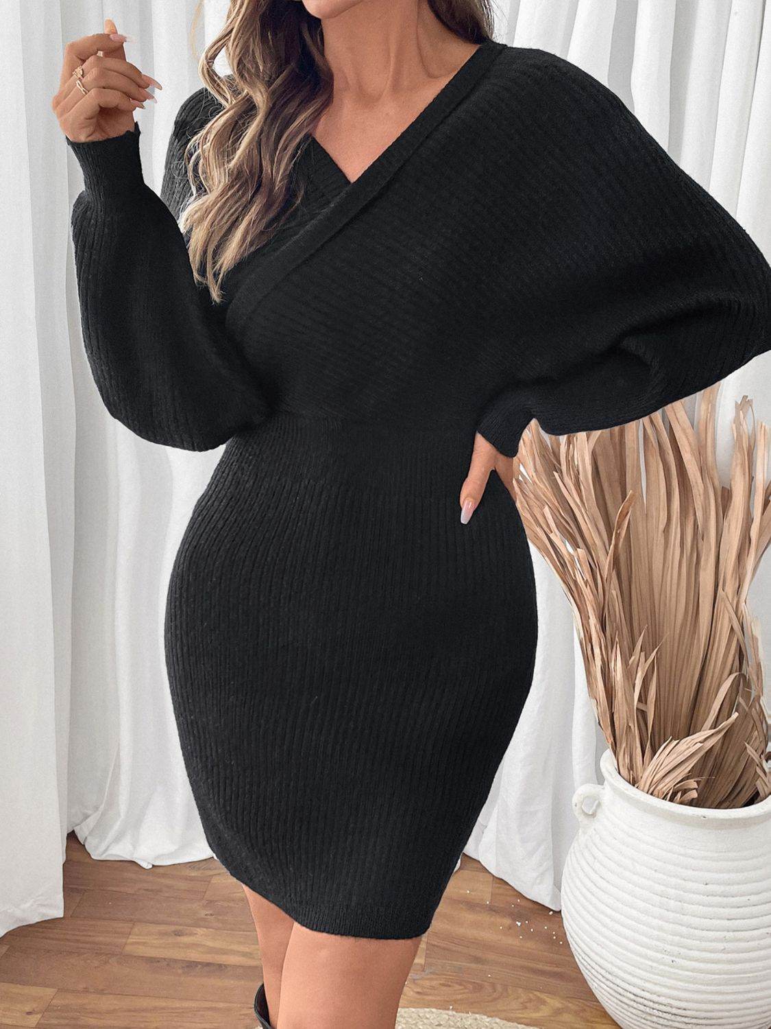 Perfee Surplice Long Sleeve Sweater Dress - Delanoir