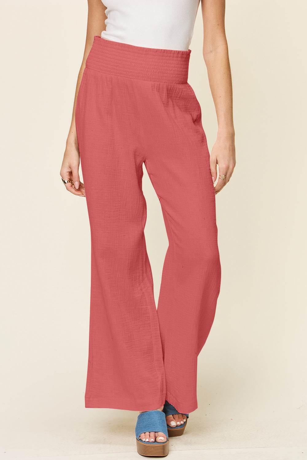 Double Take Full Size Texture Smocked Waist Wide Leg Pants - Delanoir