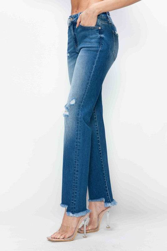 bytos Full Size Raw Hem Distressed Mid Rise Straight Jeans - Delanoir
