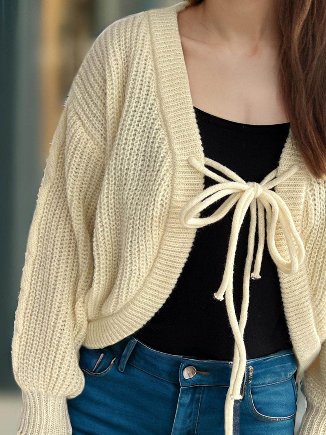 Tied Dropped Shoulder Long Sleeve Cardigan - Delanoir