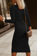 Ruched Surplice Long Sleeve Midi Dress - Delanoir