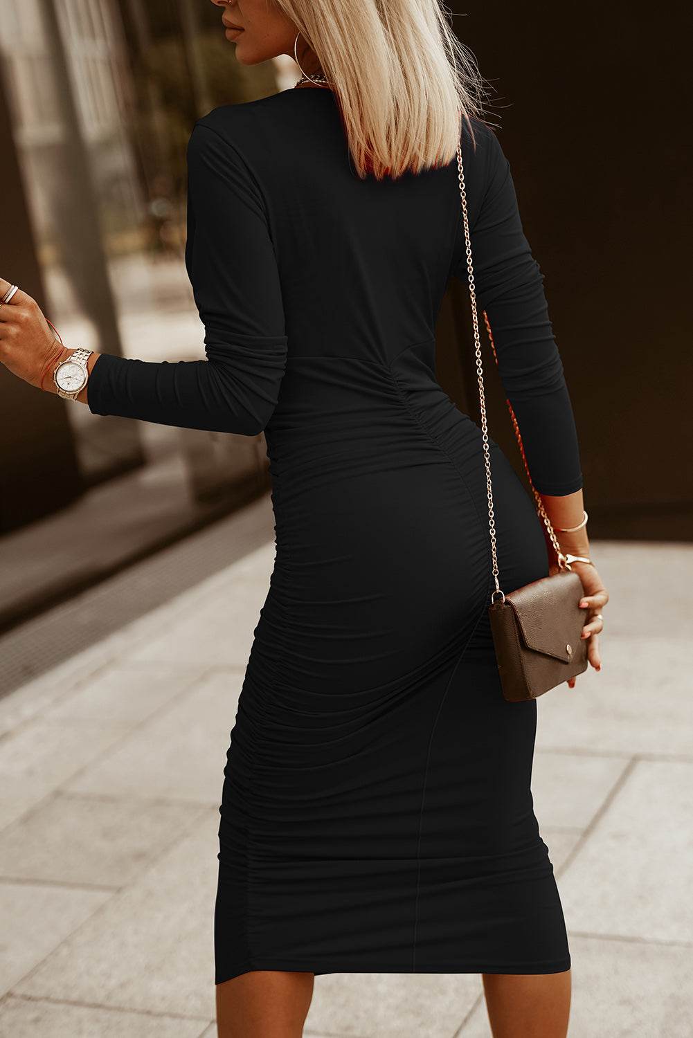 Ruched Surplice Long Sleeve Midi Dress - Delanoir