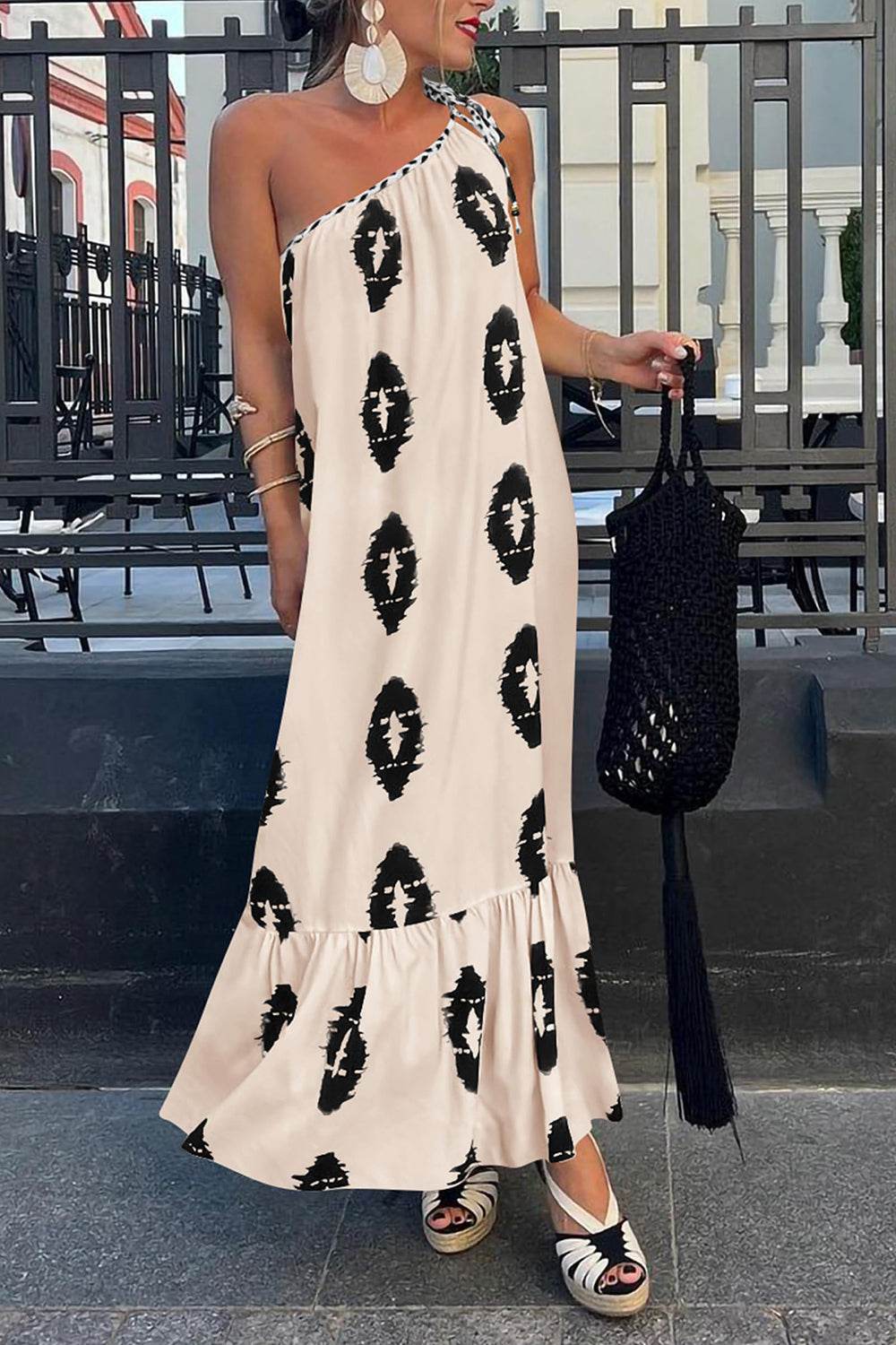 Printed Single Shoulder Maxi Dress - Delanoir