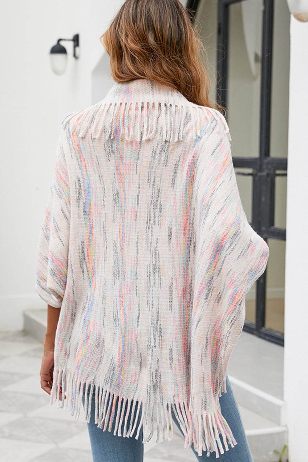 Fringe Detail Printed Poncho - Delanoir