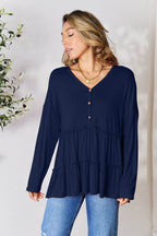 Double Take Half Button Long Sleeve Ruffle Hem Blouse - Delanoir