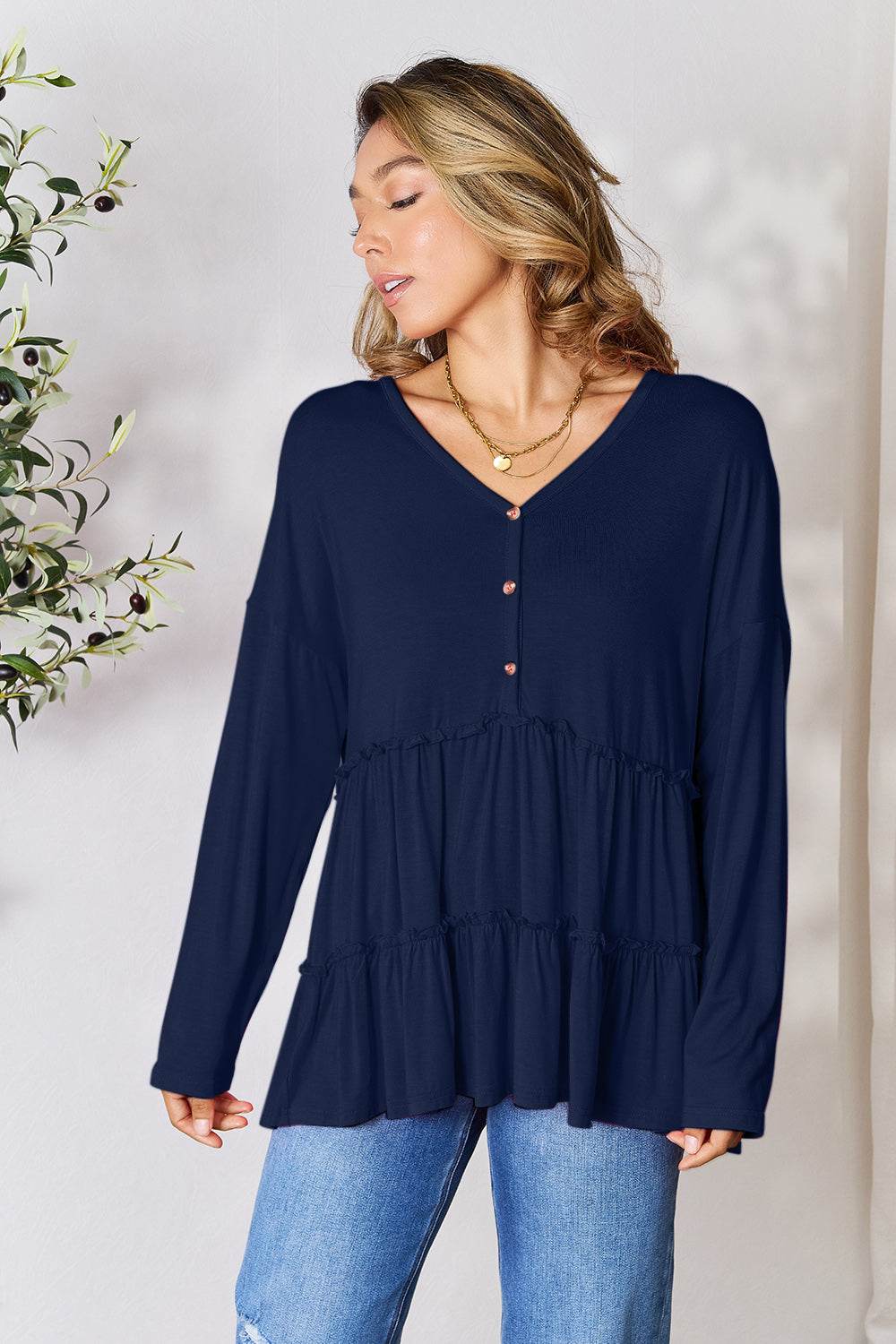 Double Take Half Button Long Sleeve Ruffle Hem Blouse - Delanoir