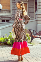 Leopard V-Neck Long Sleeve Maxi Dress - Delanoir