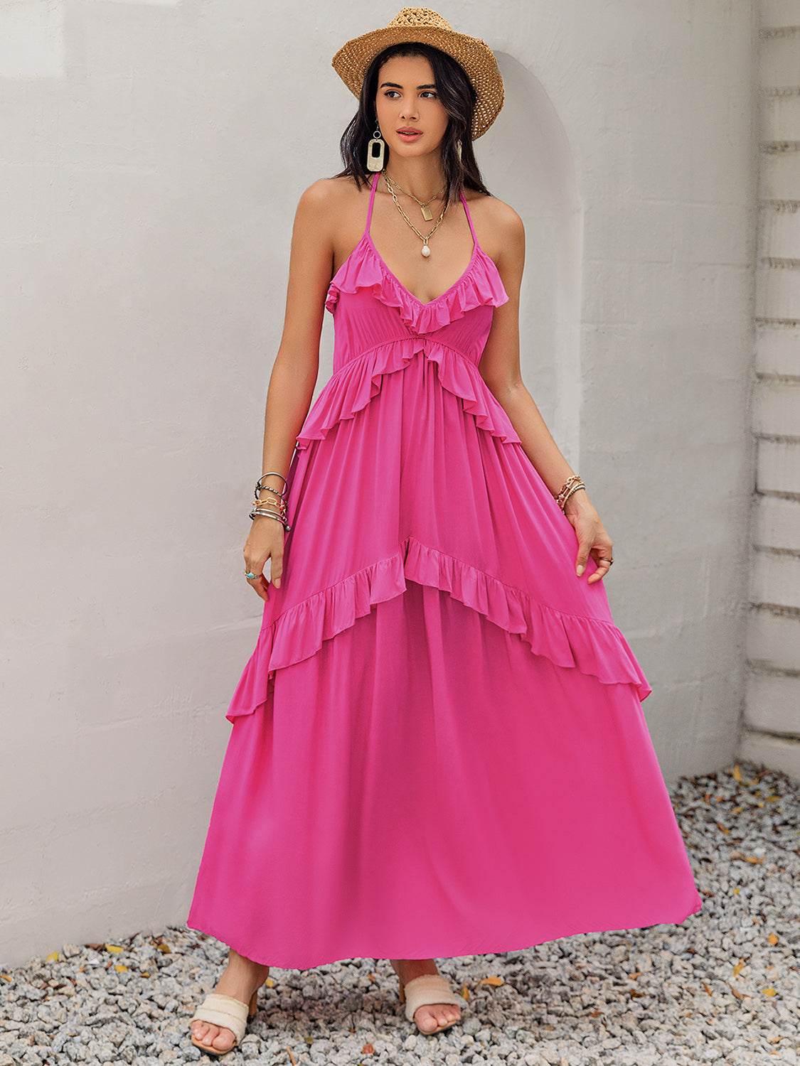 Ruffled Halter Neck Maxi Dress - Delanoir