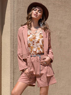 Lace Detail Collared Neck Long Sleeve Top and Shorts Set - Delanoir