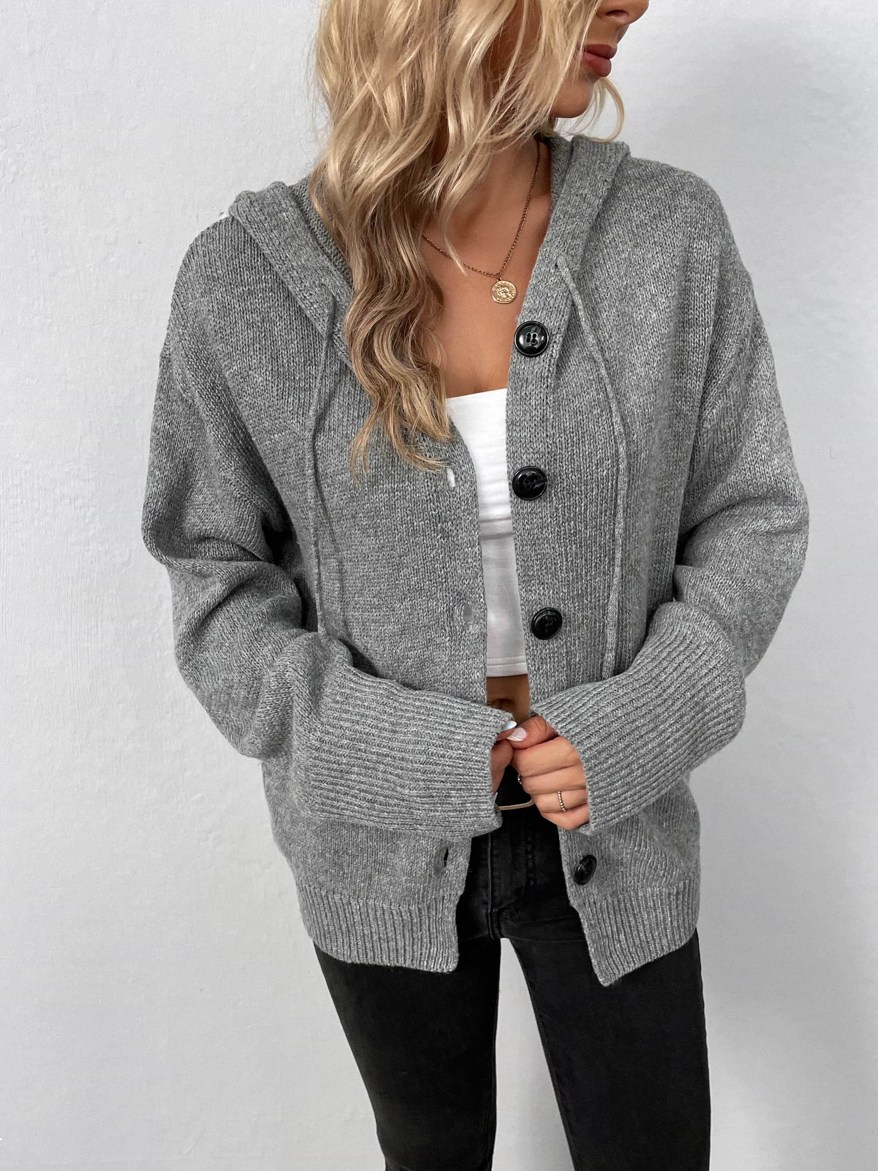 Button-Down Long Sleeve Hooded Sweater - Delanoir