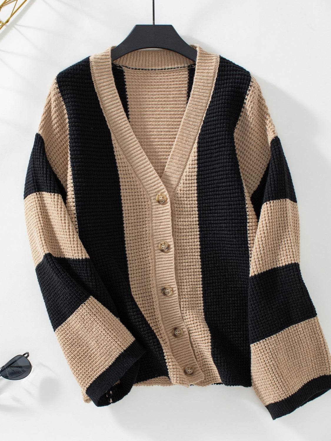 Waffle-Knit V-Neck Striped Long Sleeve Cardigan - Delanoir