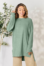 Basic Bae Full Size Ribbed Round Neck Long Sleeve Slit Top - Delanoir