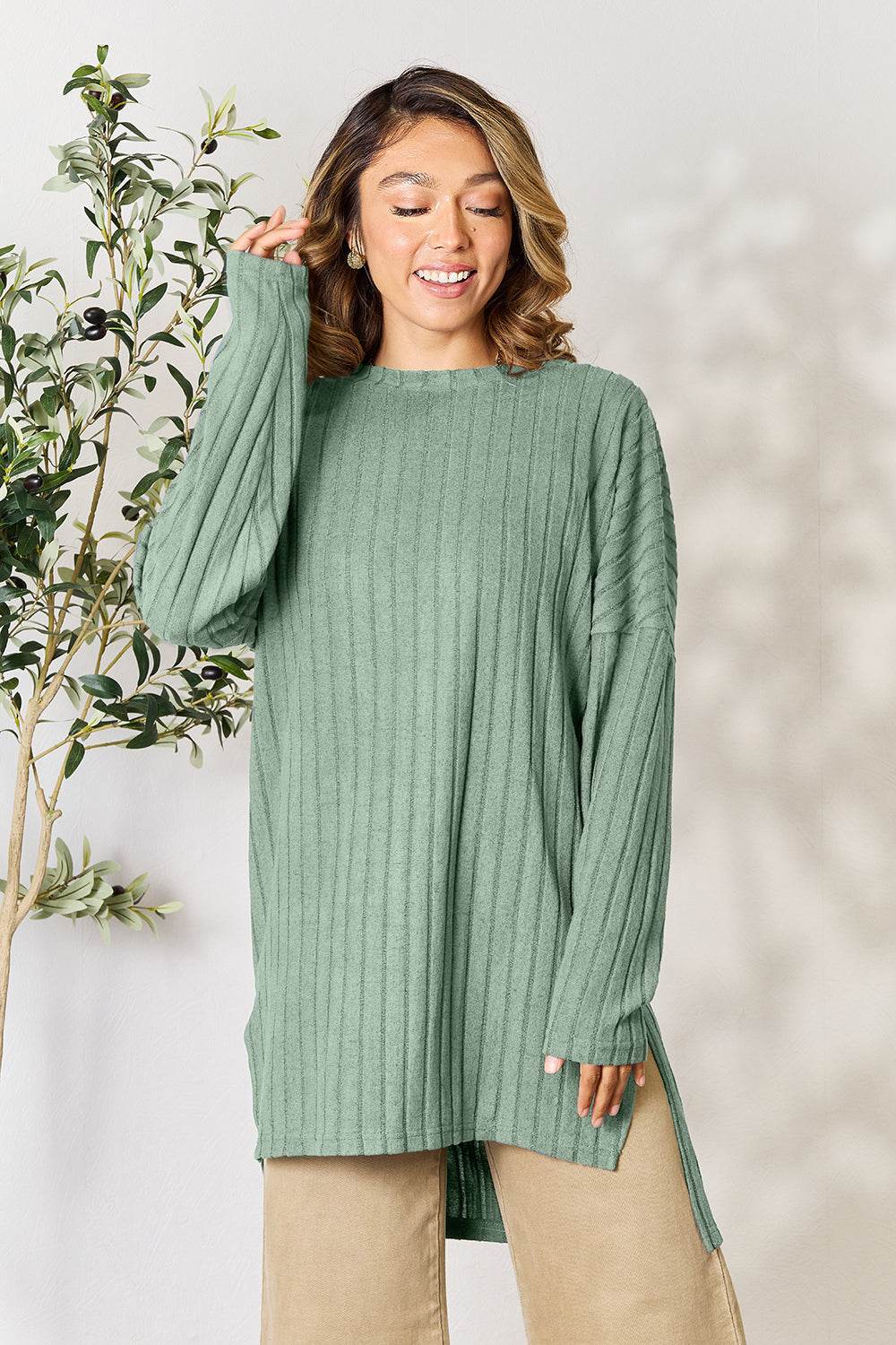 Basic Bae Full Size Ribbed Round Neck Long Sleeve Slit Top - Delanoir