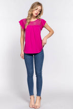 ACTIVE BASIC Ruffle Short Sleeve Lace Detail Knit Top - Delanoir