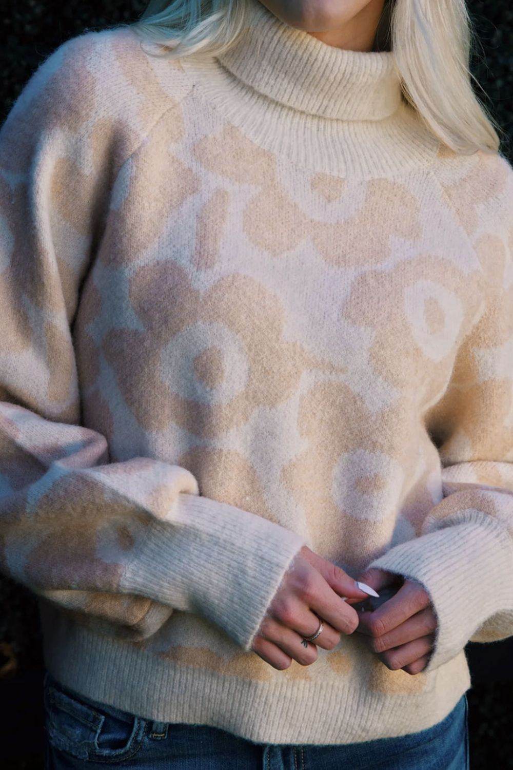 Flower Pattern Turtleneck Long Sleeve Sweater - Delanoir