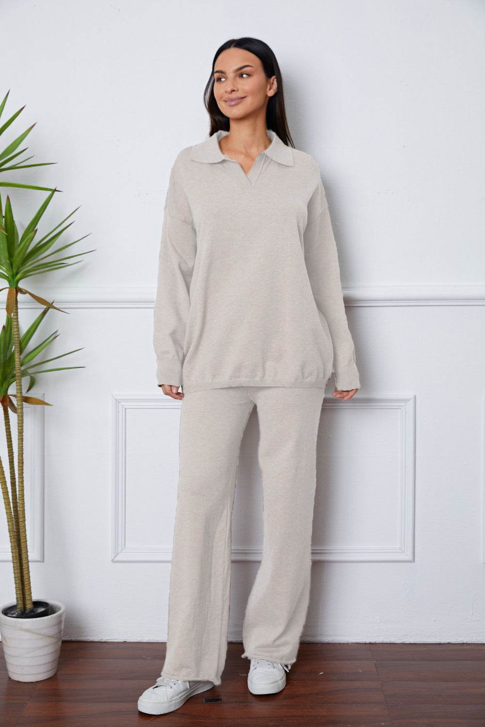 Dropped Shoulder Sweater and Long Pants Set - Delanoir