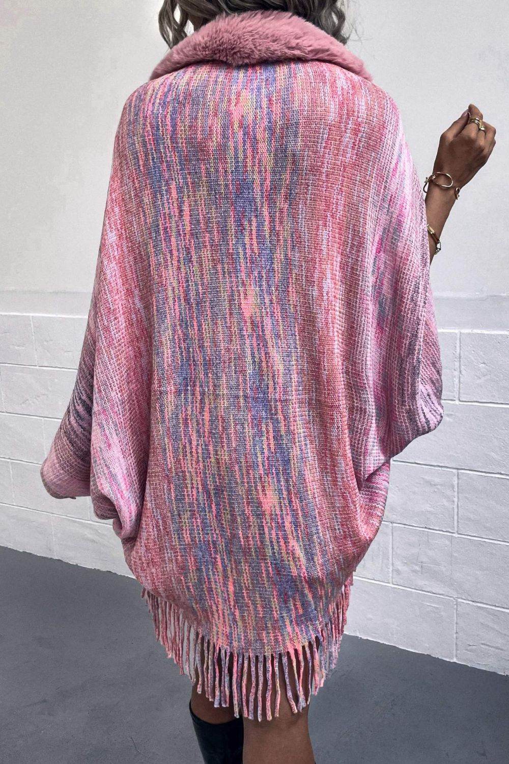 Open Front Fringe Hem Poncho - Delanoir