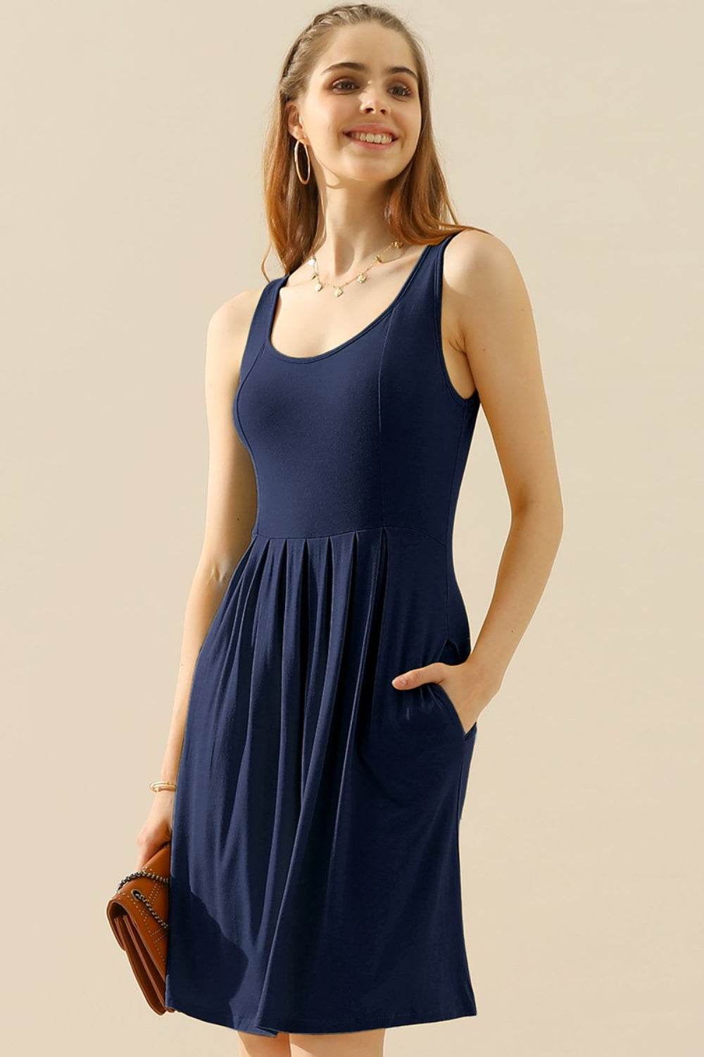 Doublju Full Size Round Neck Ruched Sleeveless Dress with Pockets - Delanoir