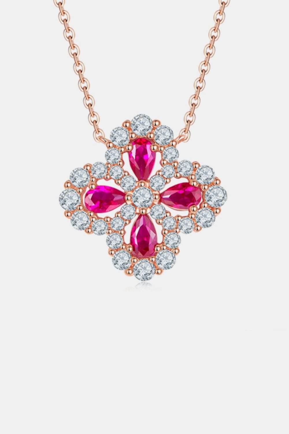 925 Sterling Silver Lab-Grown Ruby Flower Shape Necklace - Delanoir
