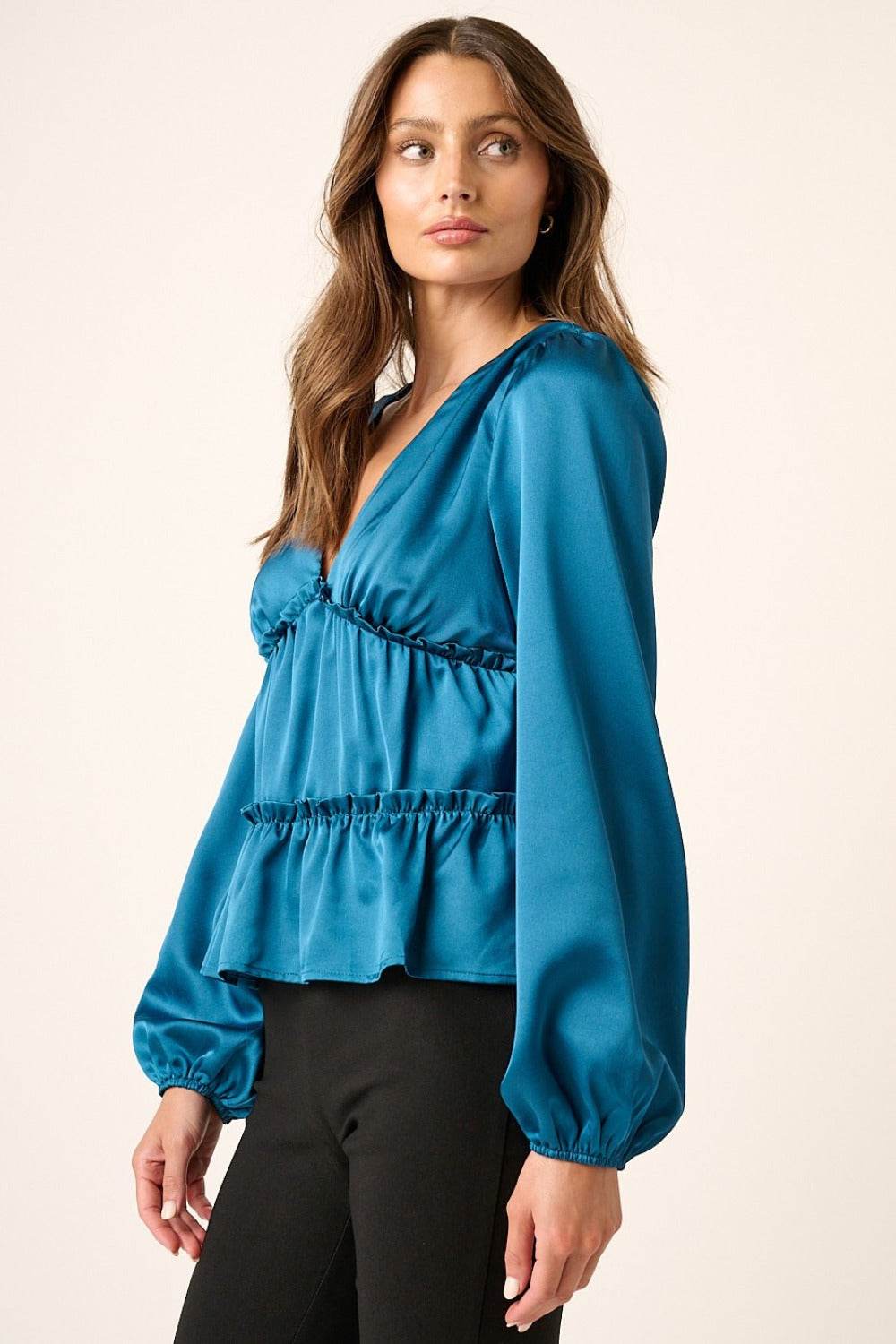 Mittoshop Satin V Neck Ruffled Tier Blouse - Delanoir