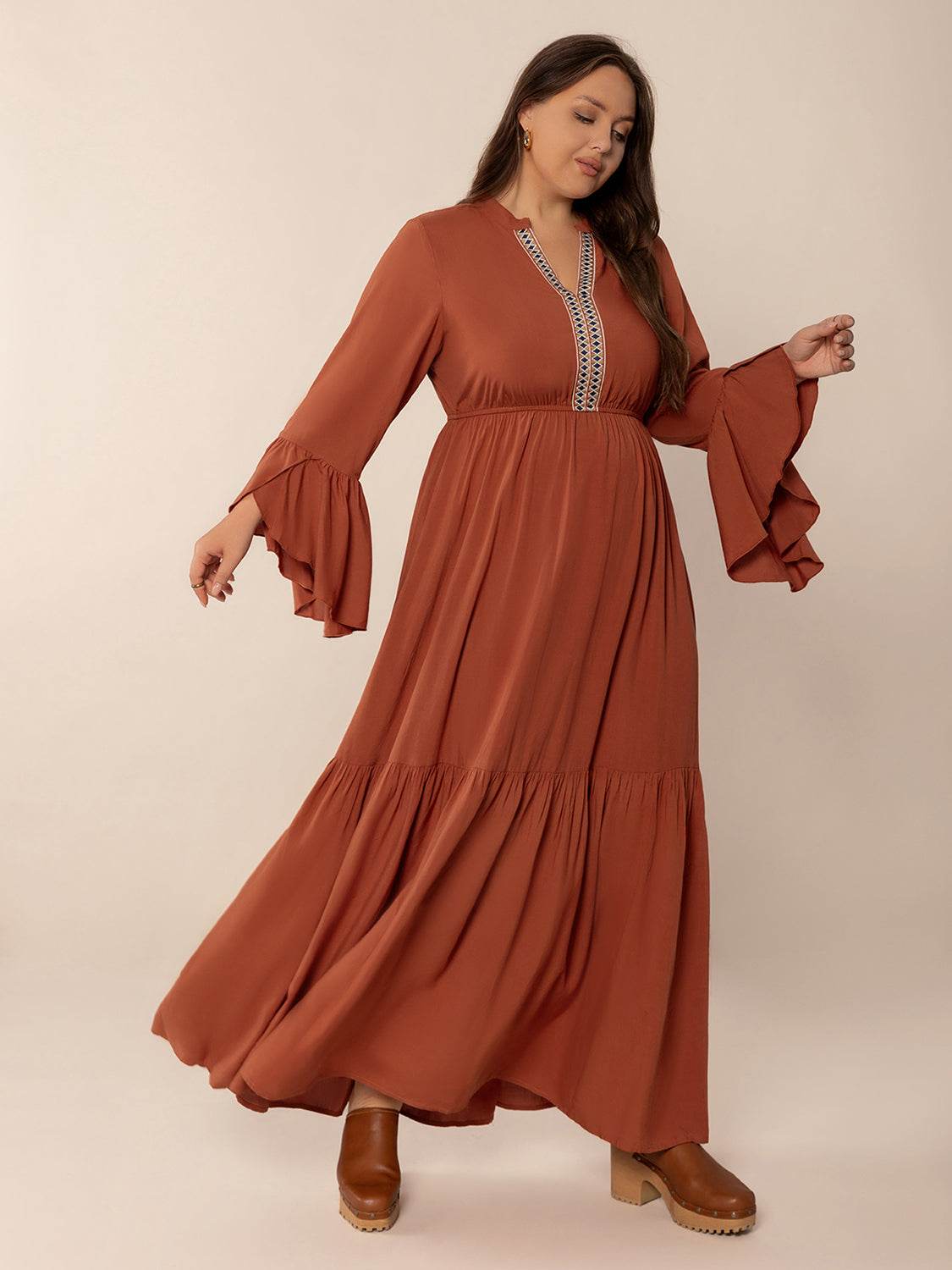 Plus Size Ruffled Notched Long Sleeve Midi Dress - Delanoir