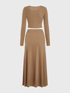 Round Neck Long Sleeve Top and Skirt Set - Delanoir