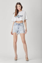 RISEN Raw Hem Distressed High Rise Denim Shorts - Delanoir