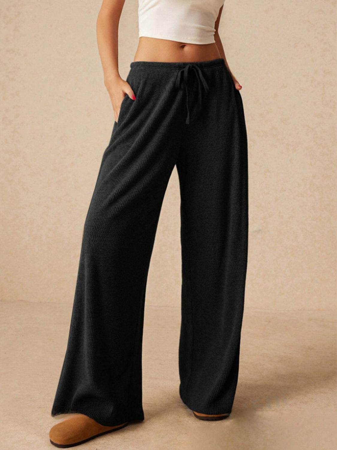 Ribbed Drawstring Wide Leg Pants - Delanoir