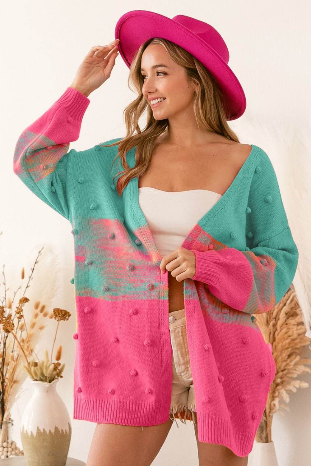 BiBi Color Block Ponpon Sweater Cardigan - Delanoir