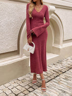 Devine Tied V-Neck Long Sleeve Sweater Dress - Delanoir