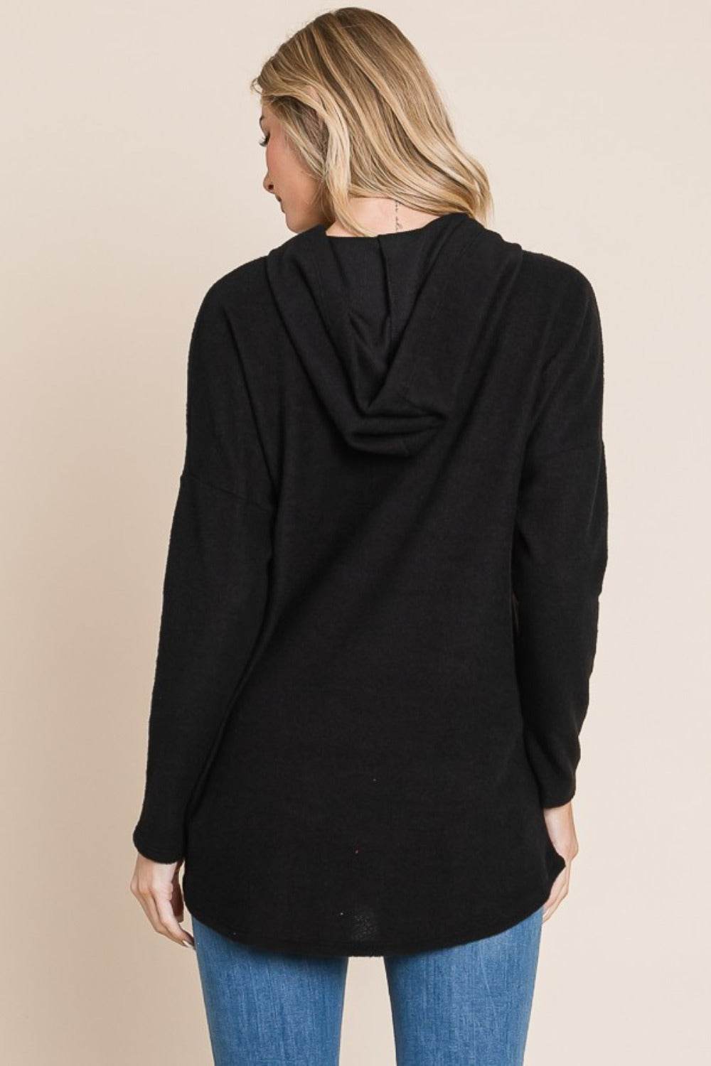 BOMBOM Contrast Drawstring Drop Shoulder Knit Hoodie - Delanoir