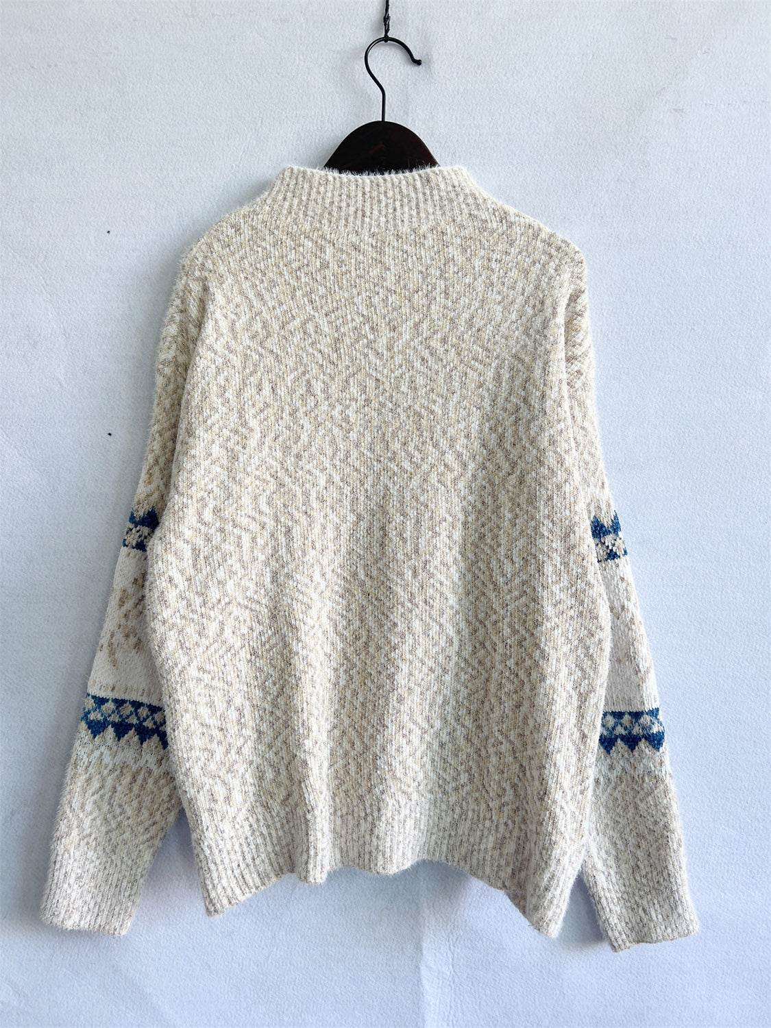 Geometric Mock Neck Dropped Shoulder Sweater - Delanoir