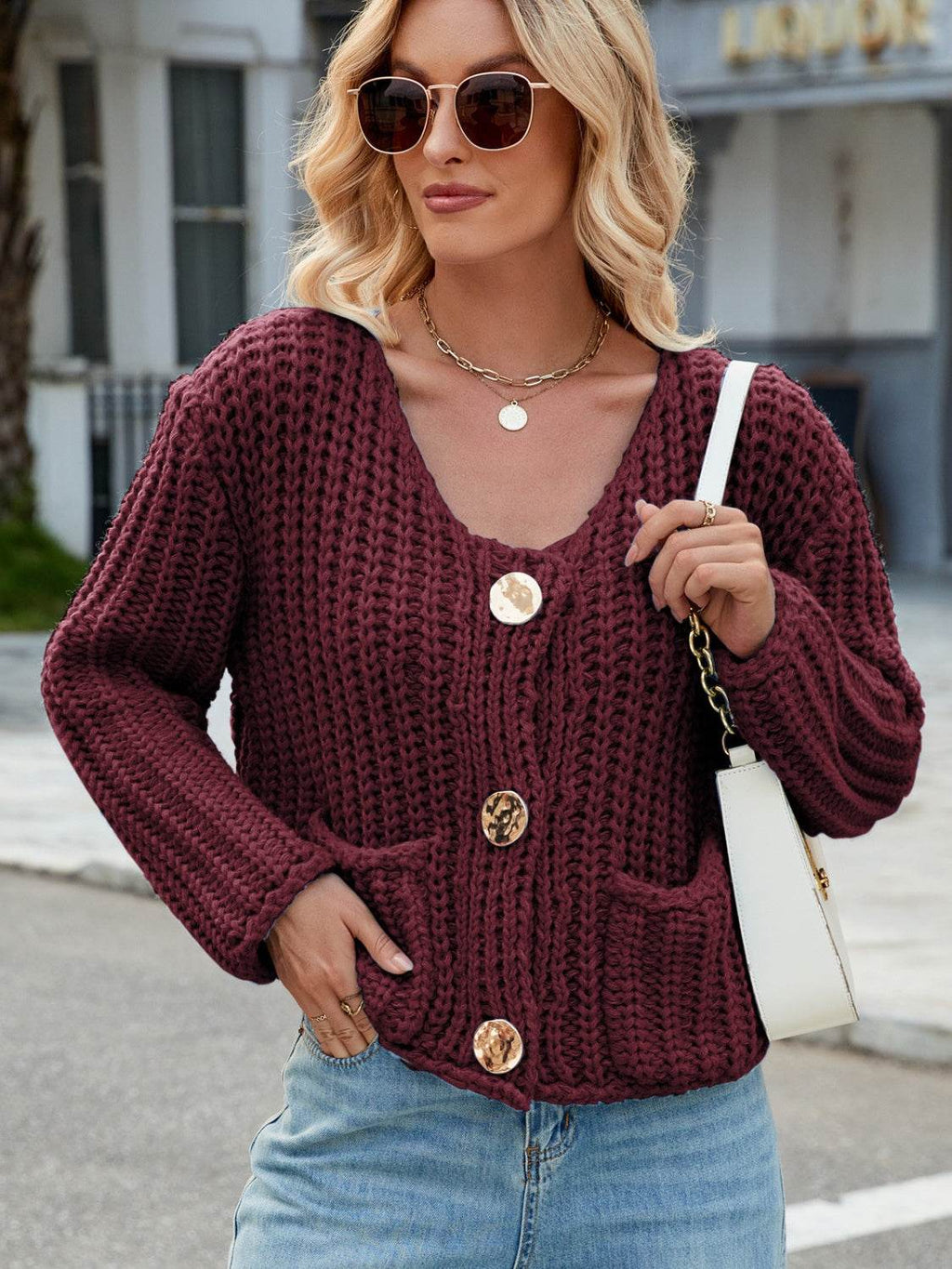 Round Neck Button Up Cardigan with Pockets - Delanoir
