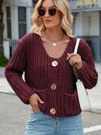 Round Neck Button Up Cardigan with Pockets - Delanoir