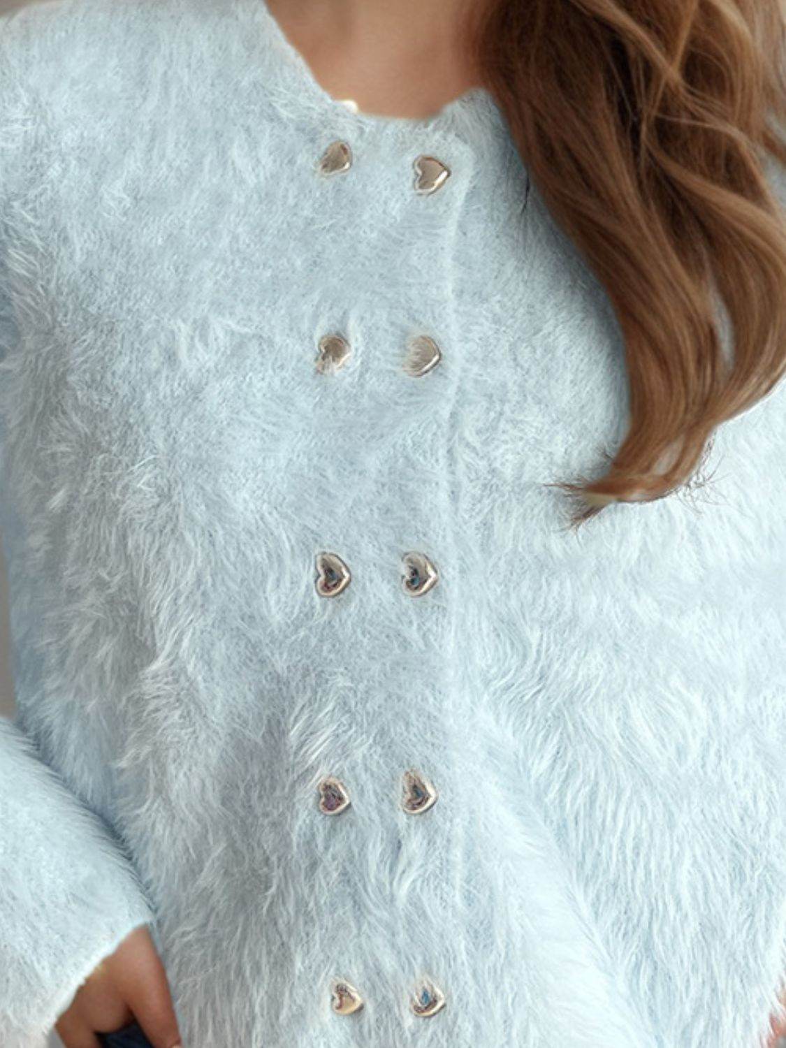 Heart Button Round Neck Cardigan - Delanoir