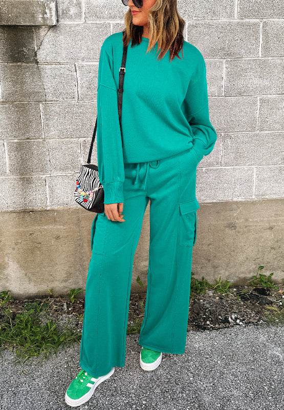 Full Size Round Neck Long Sleeve Top and Drawstring Pants Set - Delanoir