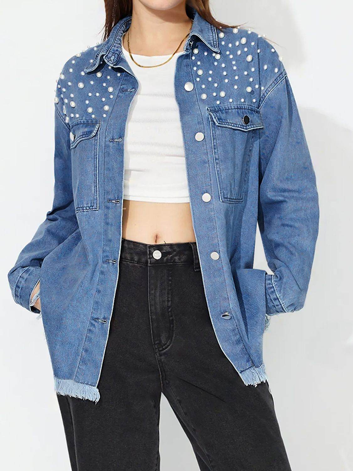 Raw Hem Pearl Trim Collared Neck Denim Top - Delanoir