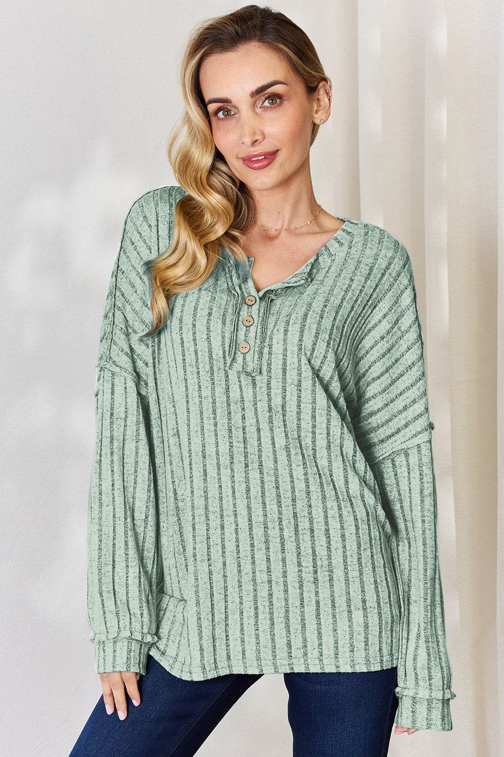 Basic Bae Full Size Ribbed Half Button Long Sleeve T-Shirt - Delanoir