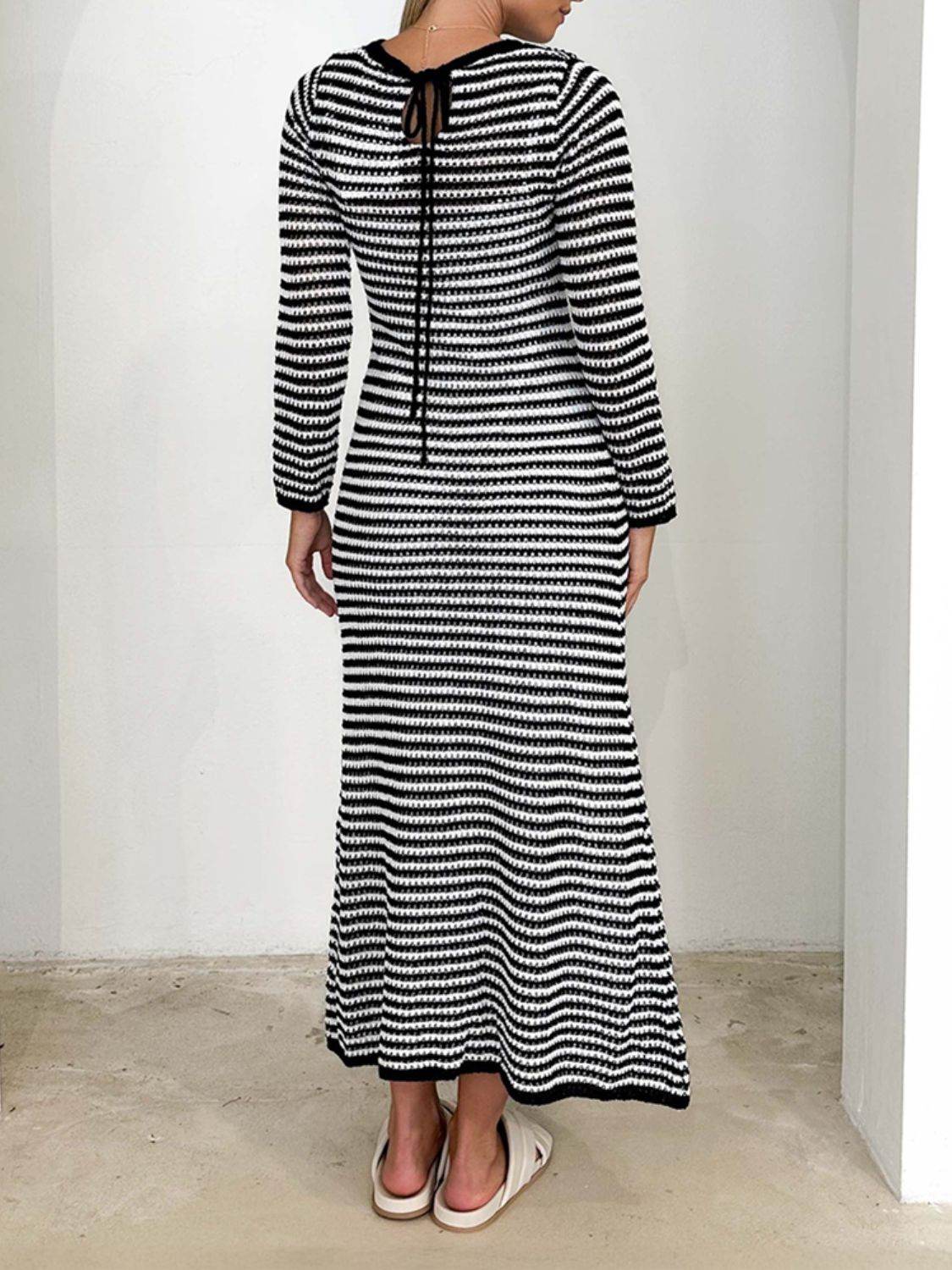 Devine Tied Round Neck Striped Sweater Dress - Delanoir