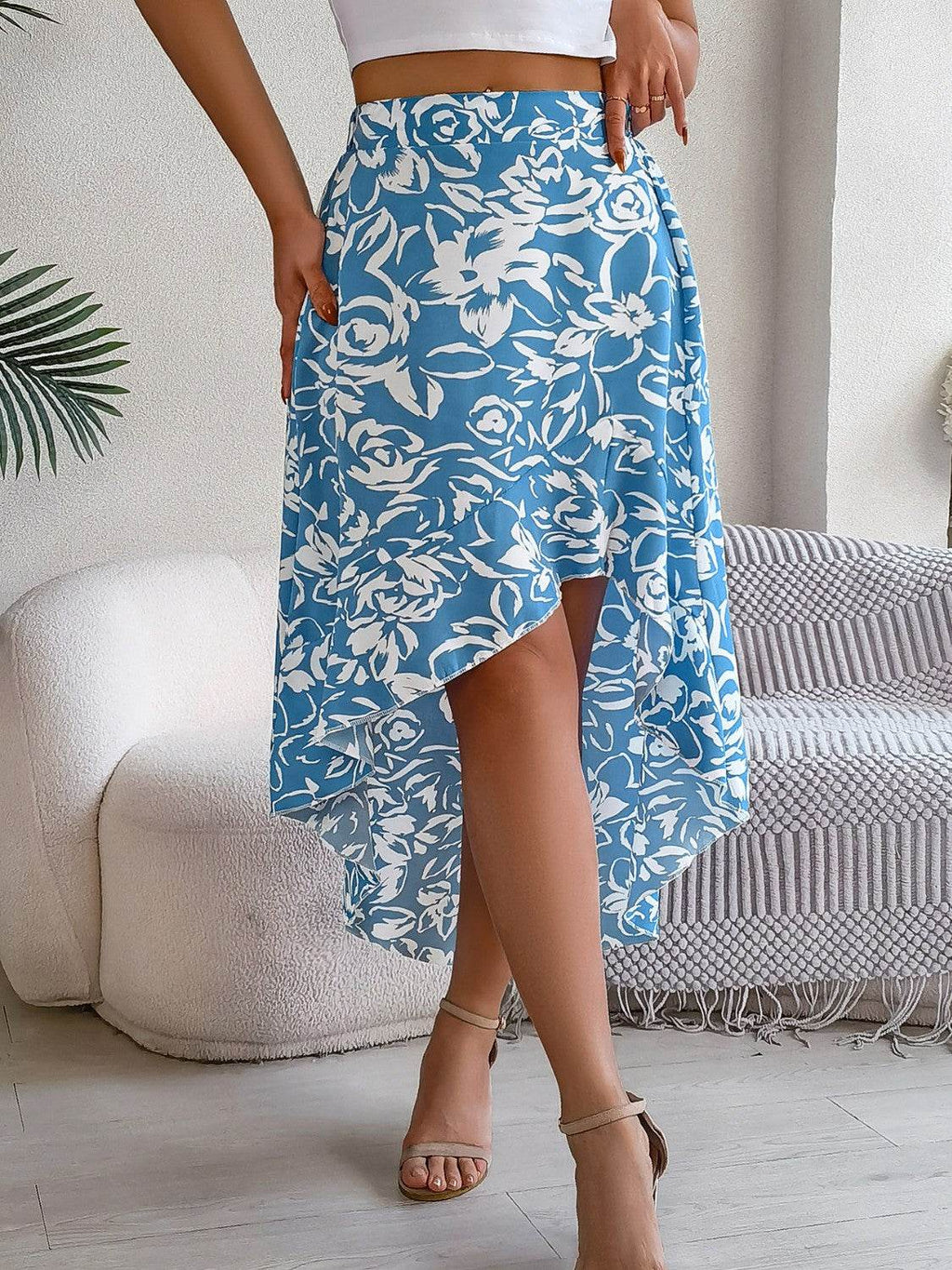 High-Low Printed High Waist Skirt - Delanoir