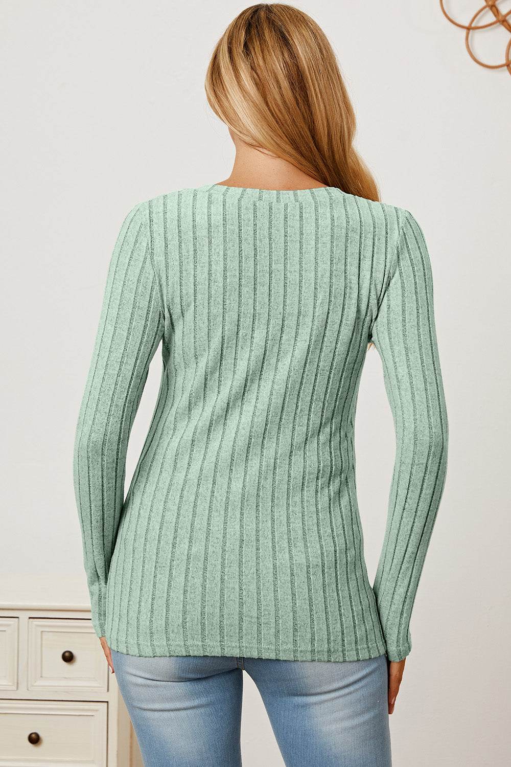Basic Bae Full Size Ribbed V-Neck Long Sleeve T-Shirt - Delanoir