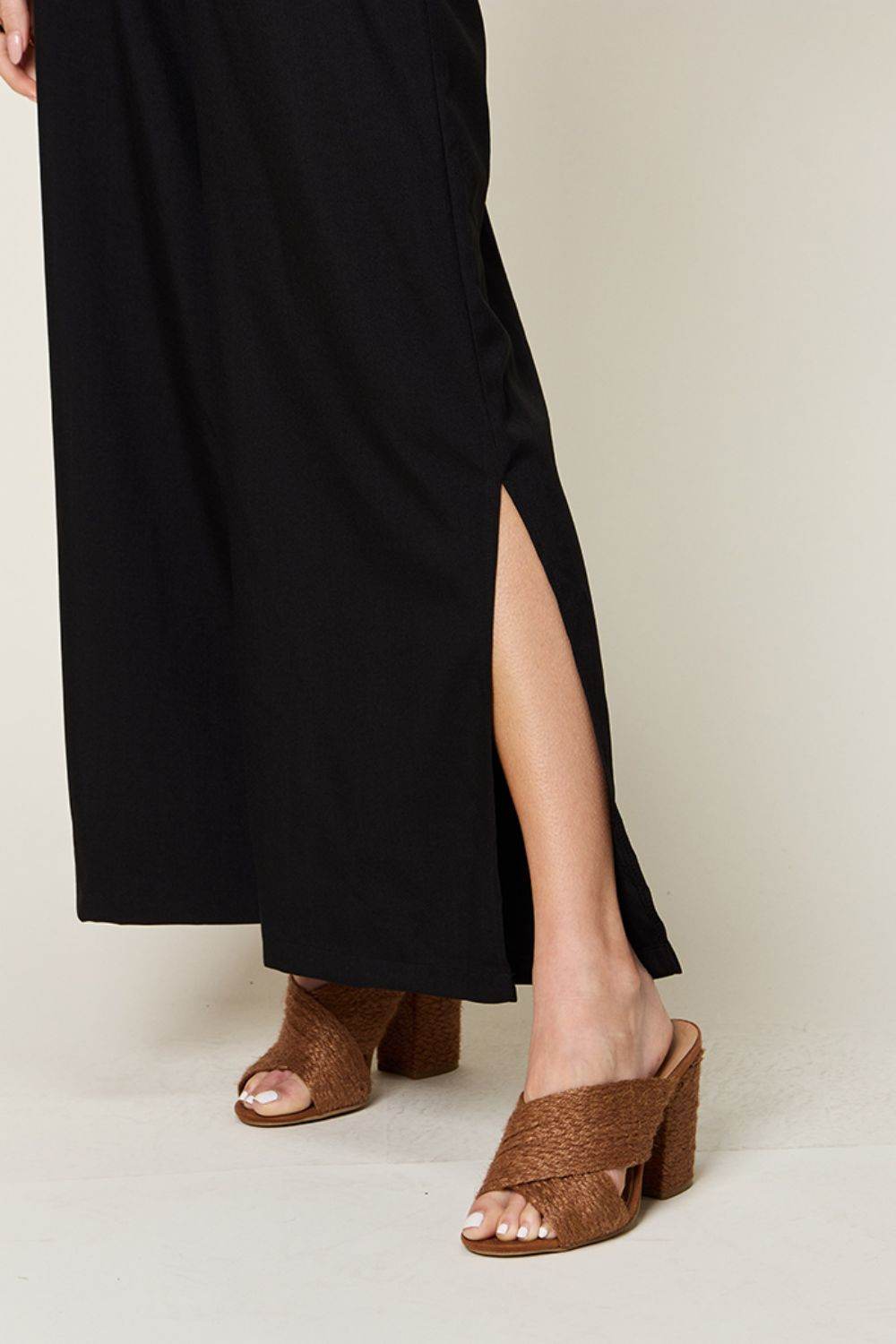 Double Take Full Size V-Neck Tied Side Slit Jumpsuit - Delanoir